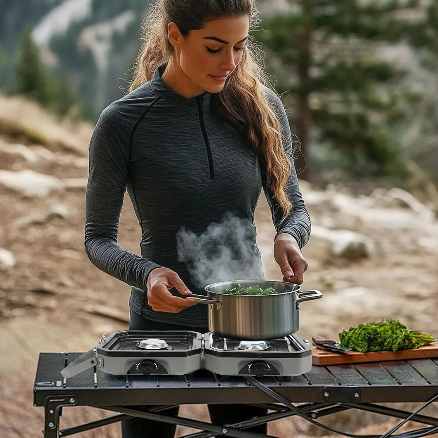 2-Burner Foldable Camping Stove with Griddle and Carrying Bag??16000 BTU Portable Propane Camp Stove with 2 Adjustable Burners & Piezo Ignition, for Camping, Home Backyard, Frying Turkey, Green