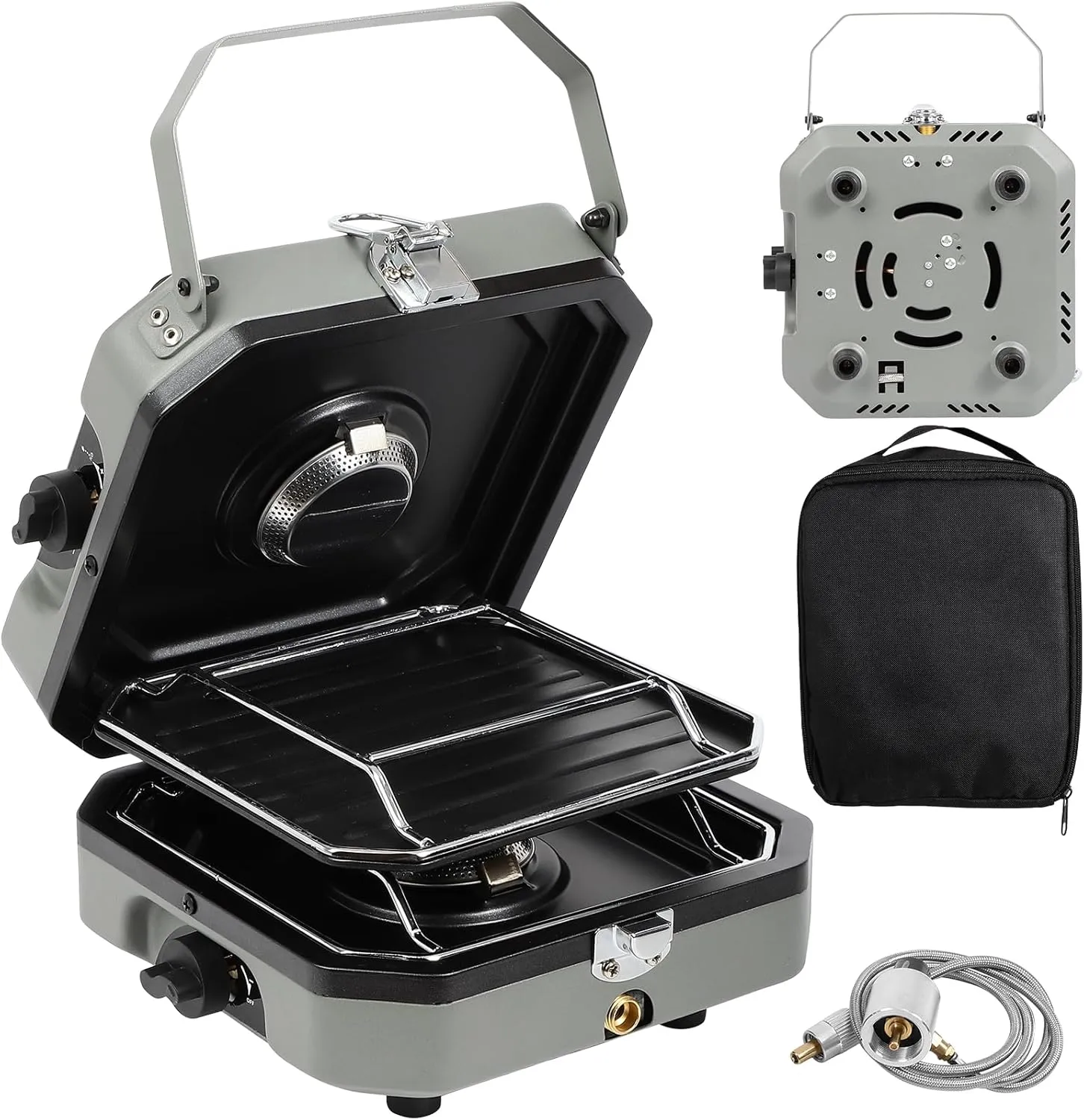 2-Burner Foldable Camping Stove with Griddle and Carrying Bag??16000 BTU Portable Propane Camp Stove with 2 Adjustable Burners & Piezo Ignition, for Camping, Home Backyard, Frying Turkey, Green