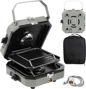 2-Burner Foldable Camping Stove with Griddle and Carrying Bag??16000 BTU Portable Propane Camp Stove with 2 Adjustable Burners & Piezo Ignition, for Camping, Home Backyard, Frying Turkey, Green