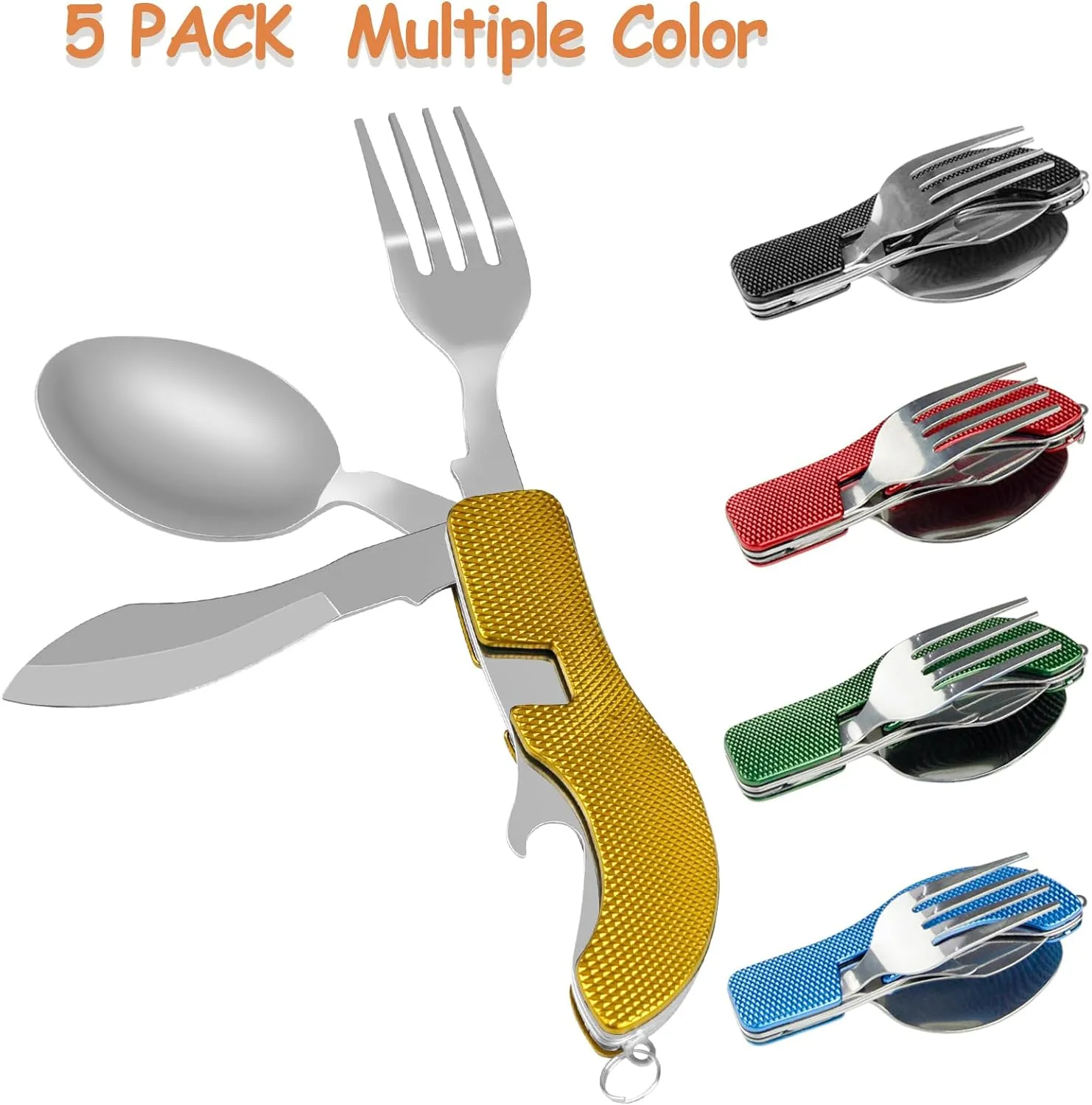 5 Pack Camping Utensils, 4-in-1 Portable Stainless Steel Cutlery with Fork, Spoon, Knife, and Bottle Opener - Lightweight, Detachable, and Durable Camping Silverware for Outdoor Events and Adventures