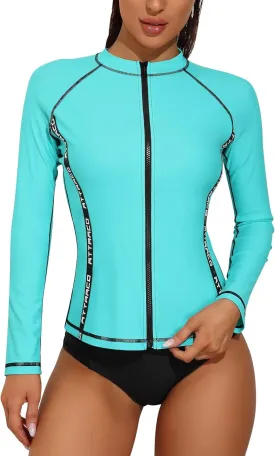 ATTRACO Long Sleeve Rash Guard Shirts for Women Full Zip Jackets Sun Protection Surfing Swimsuit