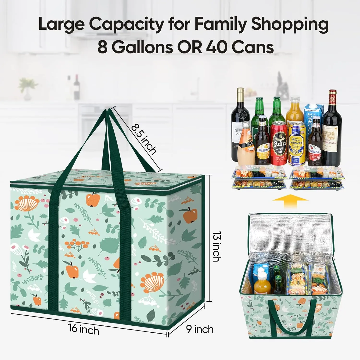 BALEINE 2Pk Insulated Reusable Grocery Bags, Collapsible Cooler Bag for Groceries, Heavy Duty Large Insulated Bag (16''x9''x13'', Spring Stroll)