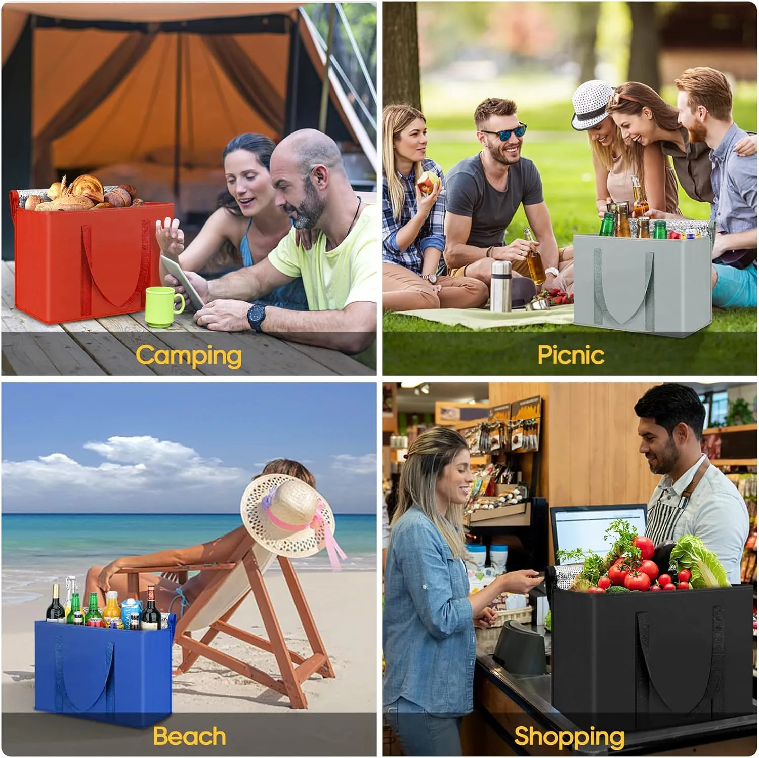 BALEINE 2Pk Insulated Reusable Grocery Bags, Collapsible Cooler Bag for Groceries, Heavy Duty Large Insulated Bag (16''x9''x13'', Spring Stroll)