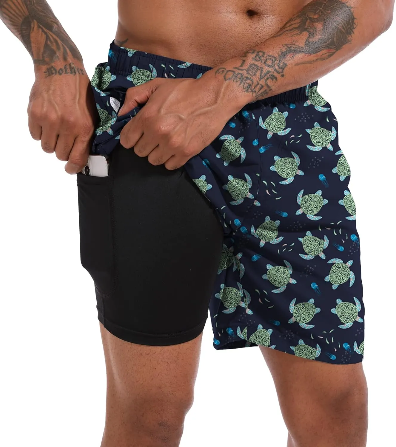 CHEXPEL Men's Swim Trunks Quick Dry Beach Shorts with Pockets and Compression Liner 7 Inch Inseam Bathing Suits