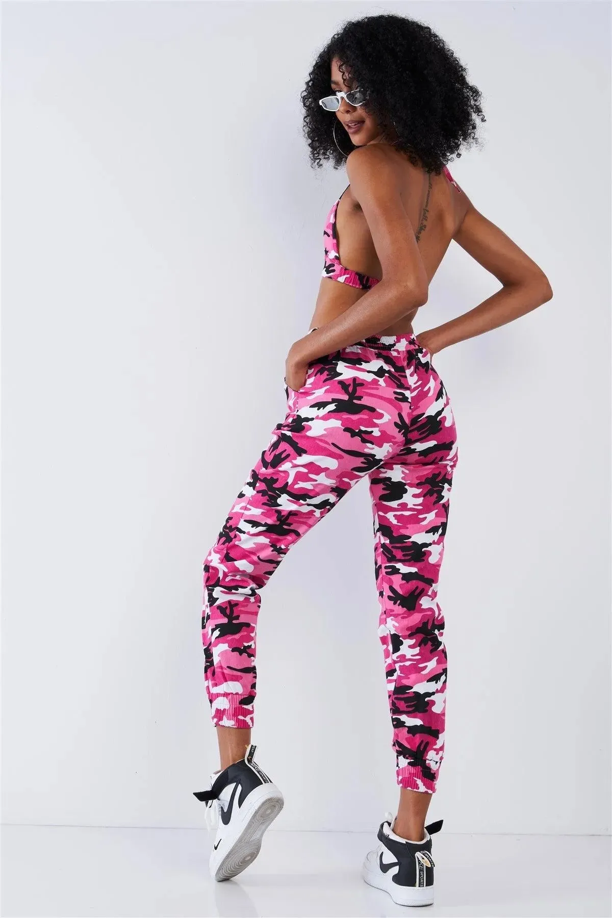 Hot Pink Camouflage High Waisted Parachute Jogger Pant Triangle Halter Crop Top Two Piece Set / 2-2-2