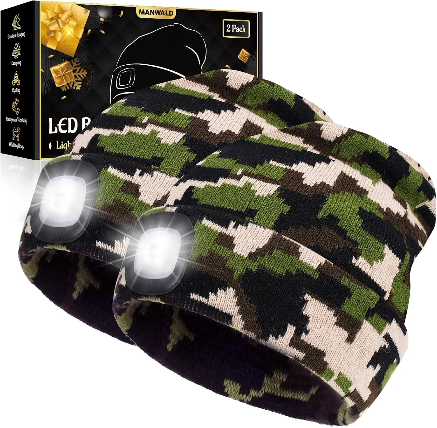 LED Beanie Hat with Light,USB Rechargeable LED Headlamp, Fathers Day Dad Gifts from Daughter Wife Son, Gifts for Men Him Husband, Camouflage,2PCS