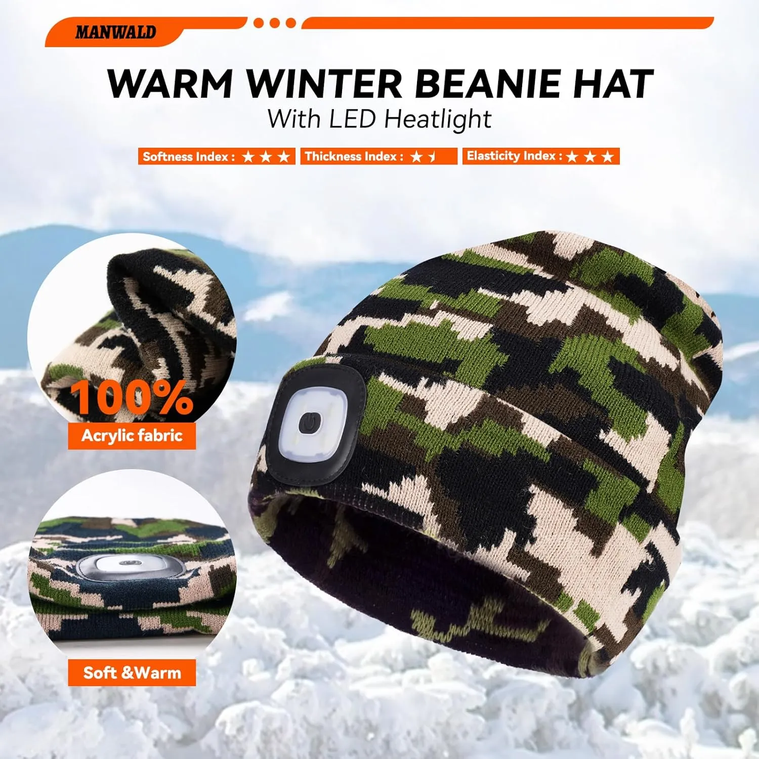 LED Beanie Hat with Light,USB Rechargeable LED Headlamp, Fathers Day Dad Gifts from Daughter Wife Son, Gifts for Men Him Husband, Camouflage,2PCS
