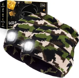 LED Beanie Hat with Light,USB Rechargeable LED Headlamp, Fathers Day Dad Gifts from Daughter Wife Son, Gifts for Men Him Husband, Camouflage,2PCS