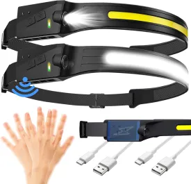 LED Headlamp, 2 Pack Rechargeable Head Lamp Flashlight Motion Sensor, flex pro lightbar 270 Wide Beam Bright headband, COB XPE Lightweight Waterproof Head Light for Outdoor Running Camping Hiking