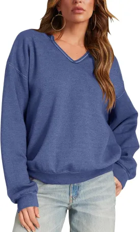 Minclouse Women's Casual Loose Fit V Neck Sweatshirts Long Sleeves Lightweight Basic Fashion Pullover Stitching Tops