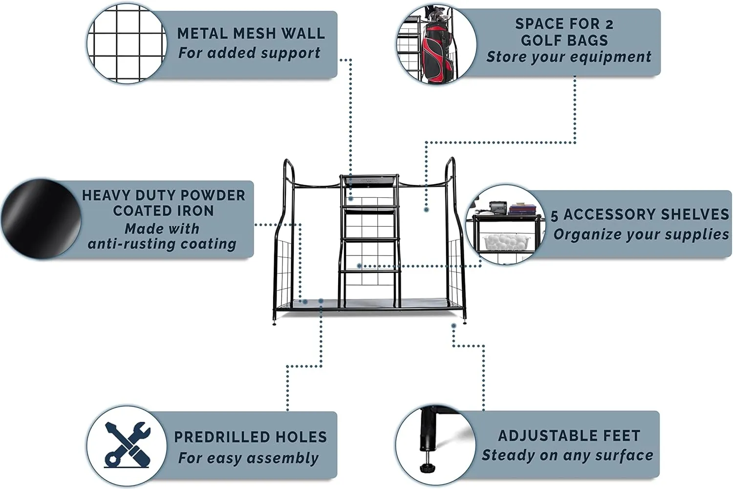 Morvat Golf Storage Bag Organizer, Fits Two Golf Bags, Metal Durable Rack Stand for Golfing Equipment, Golf Balls & Accessories, for Home, Garage, Basement, Shed (Style 1)