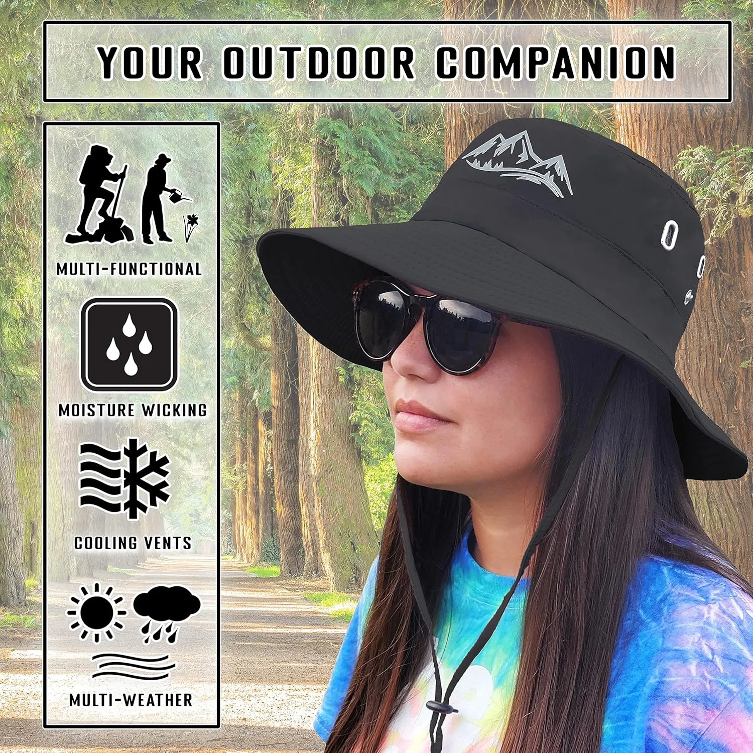 Mountain Sun Hat for Outdoor Adventure Vented Wide Brim Boonie Hat with Adjustable Fit Safari Cap Hiking Fishing Gardening