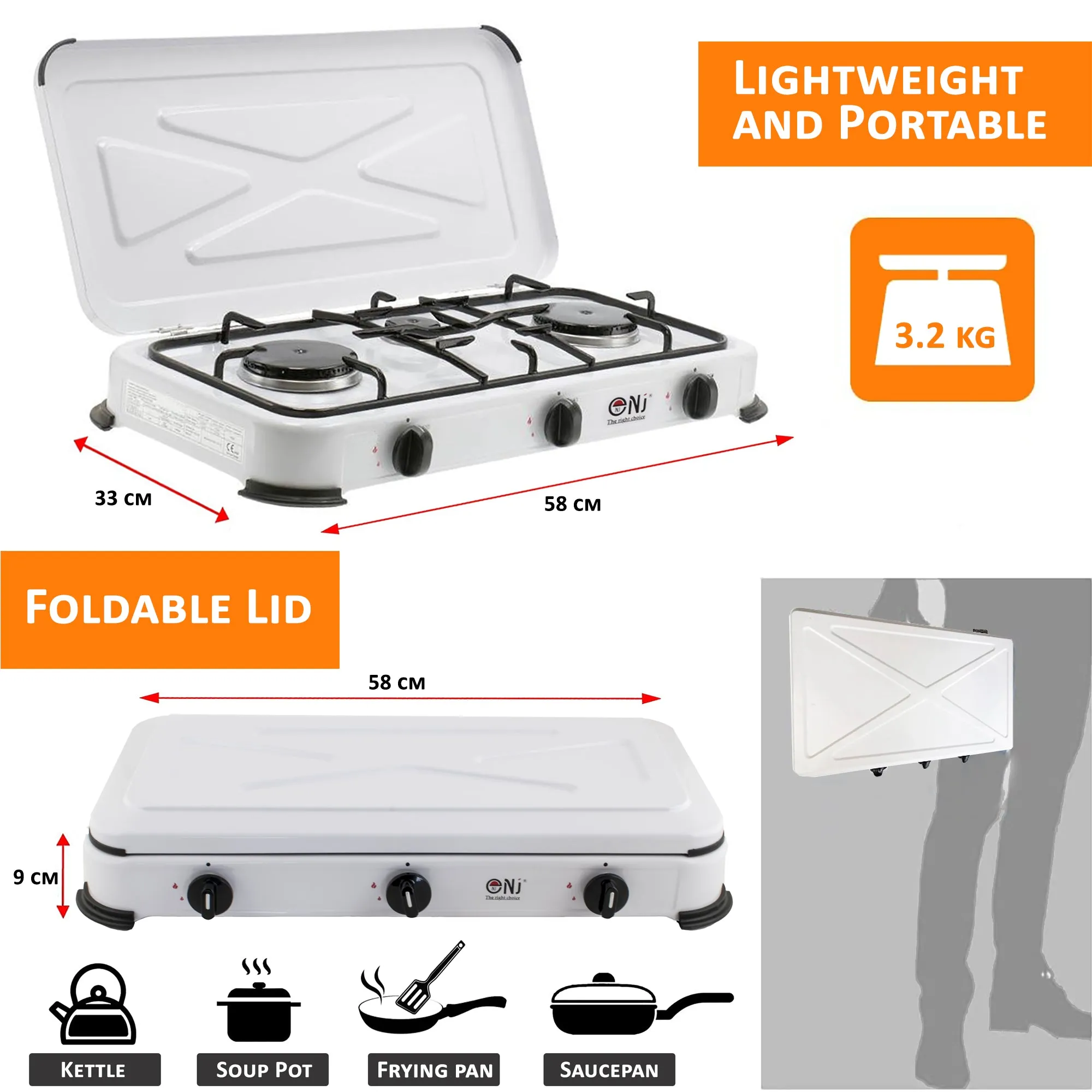 NJ-03 Camping Gas Stove 3 Burner Enamel Lid Outdoor