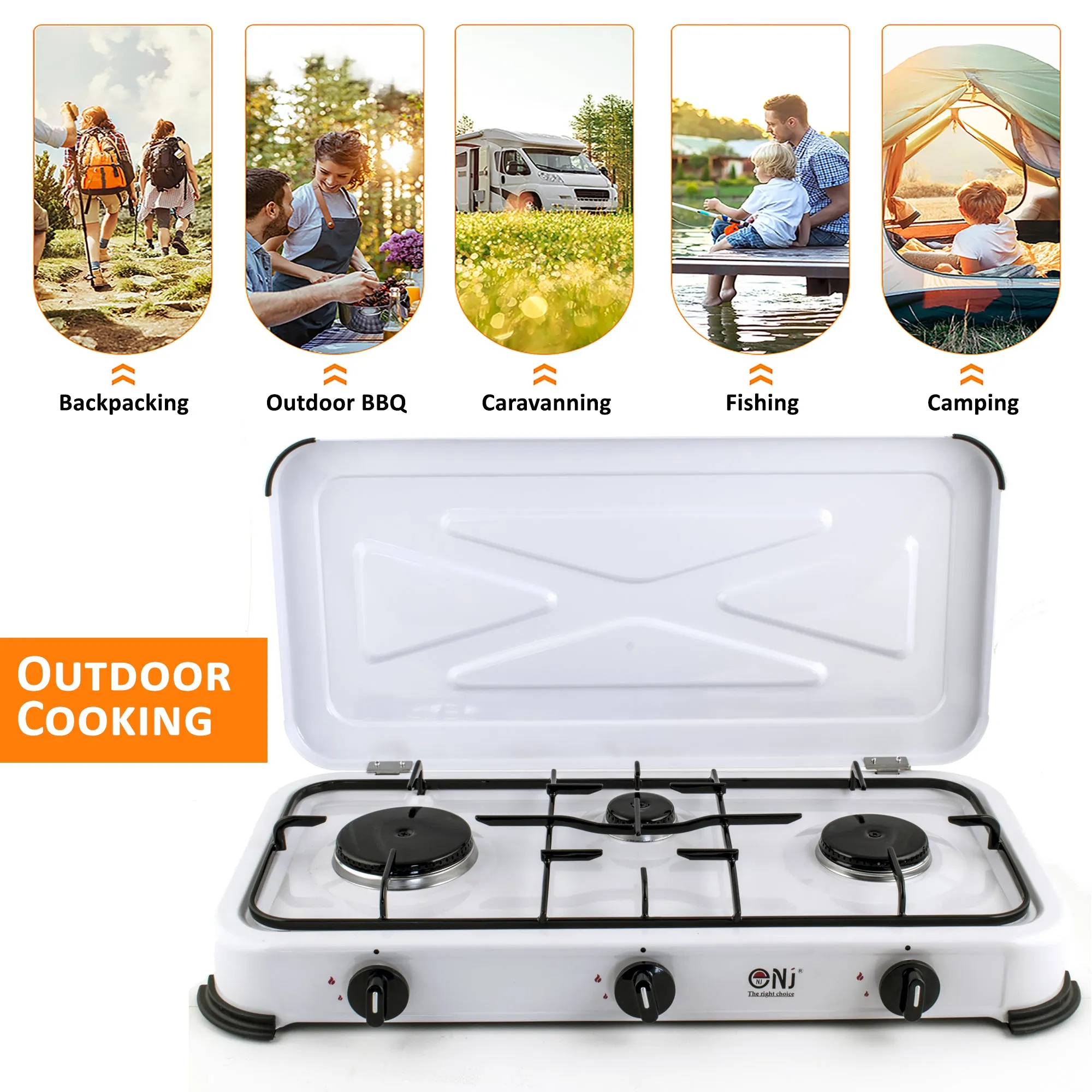 NJ-03 Camping Gas Stove 3 Burner Enamel Lid Outdoor
