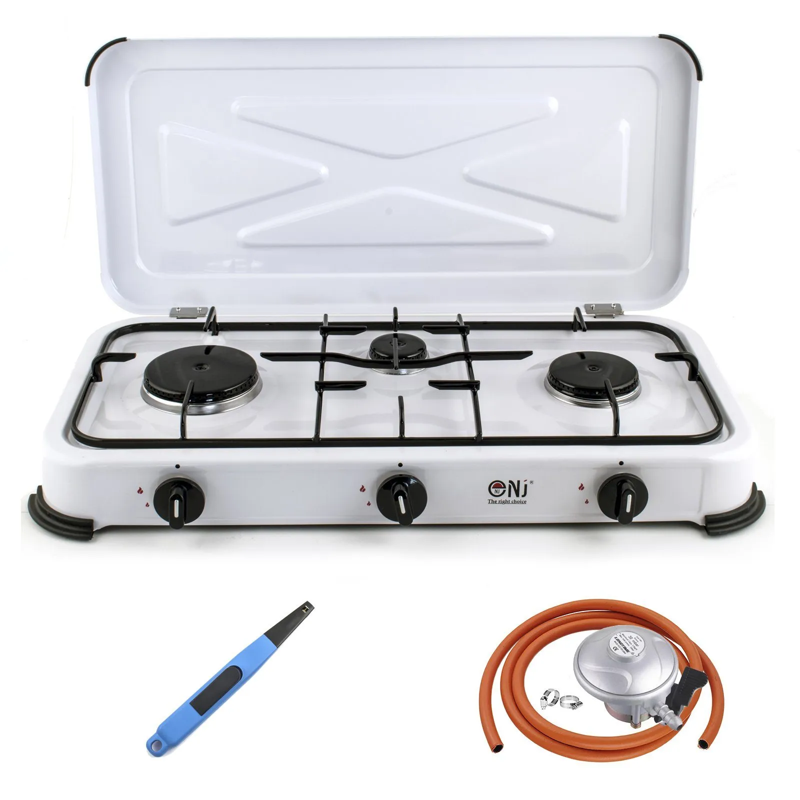 NJ-03 Camping Gas Stove 3 Burner Enamel Lid Outdoor