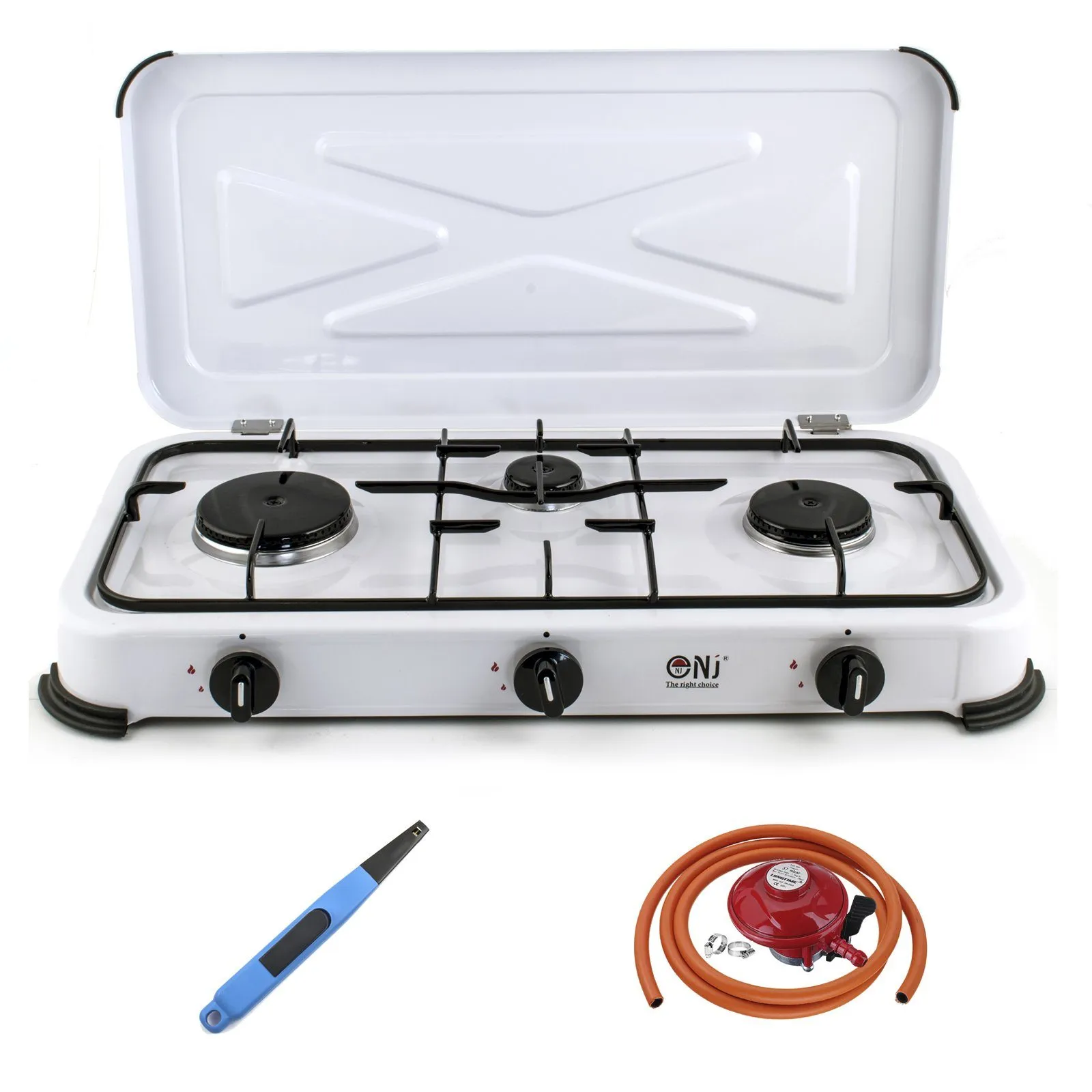 NJ-03 Camping Gas Stove 3 Burner Enamel Lid Outdoor