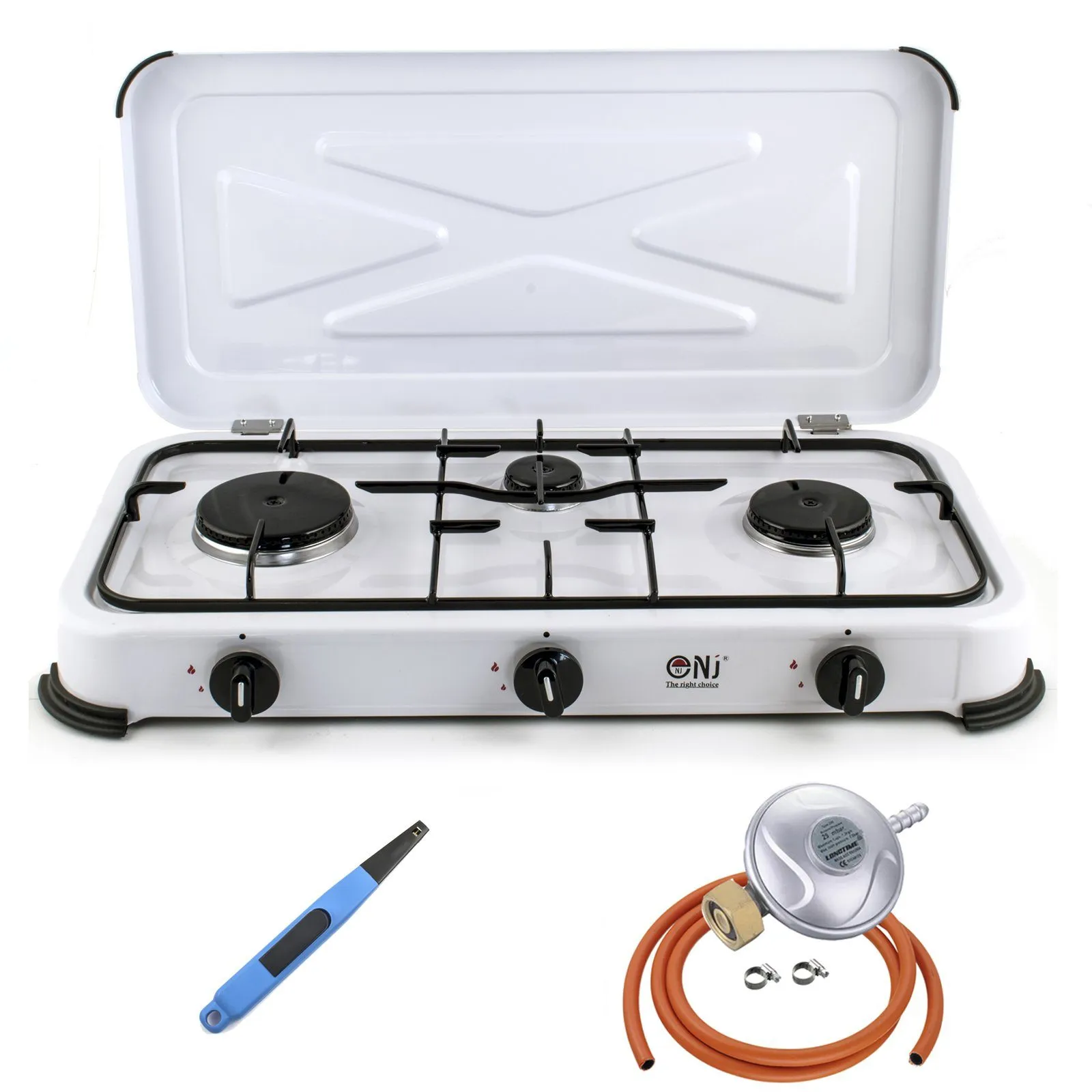 NJ-03 Camping Gas Stove 3 Burner Enamel Lid Outdoor
