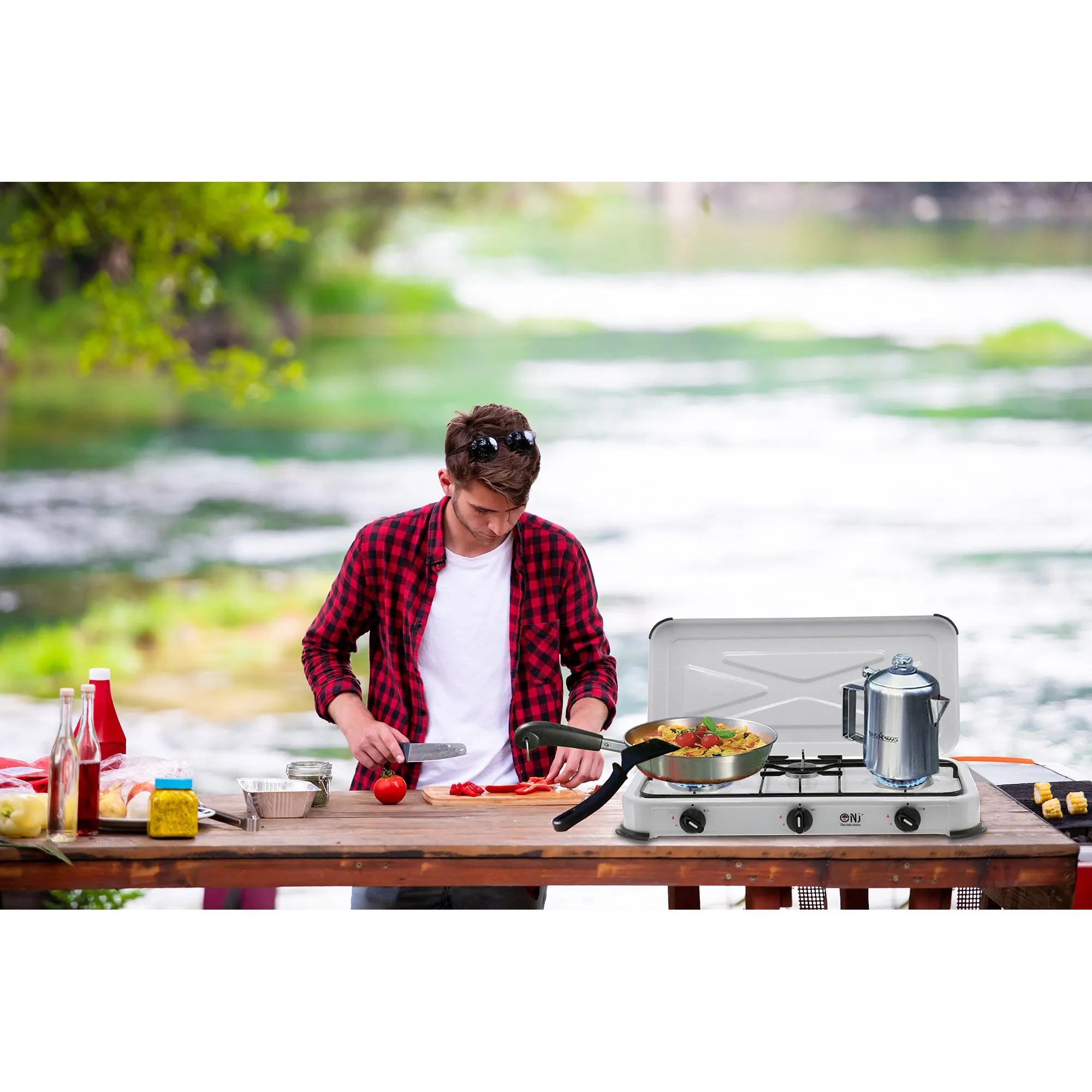 NJ-03 Camping Gas Stove 3 Burner Enamel Lid Outdoor