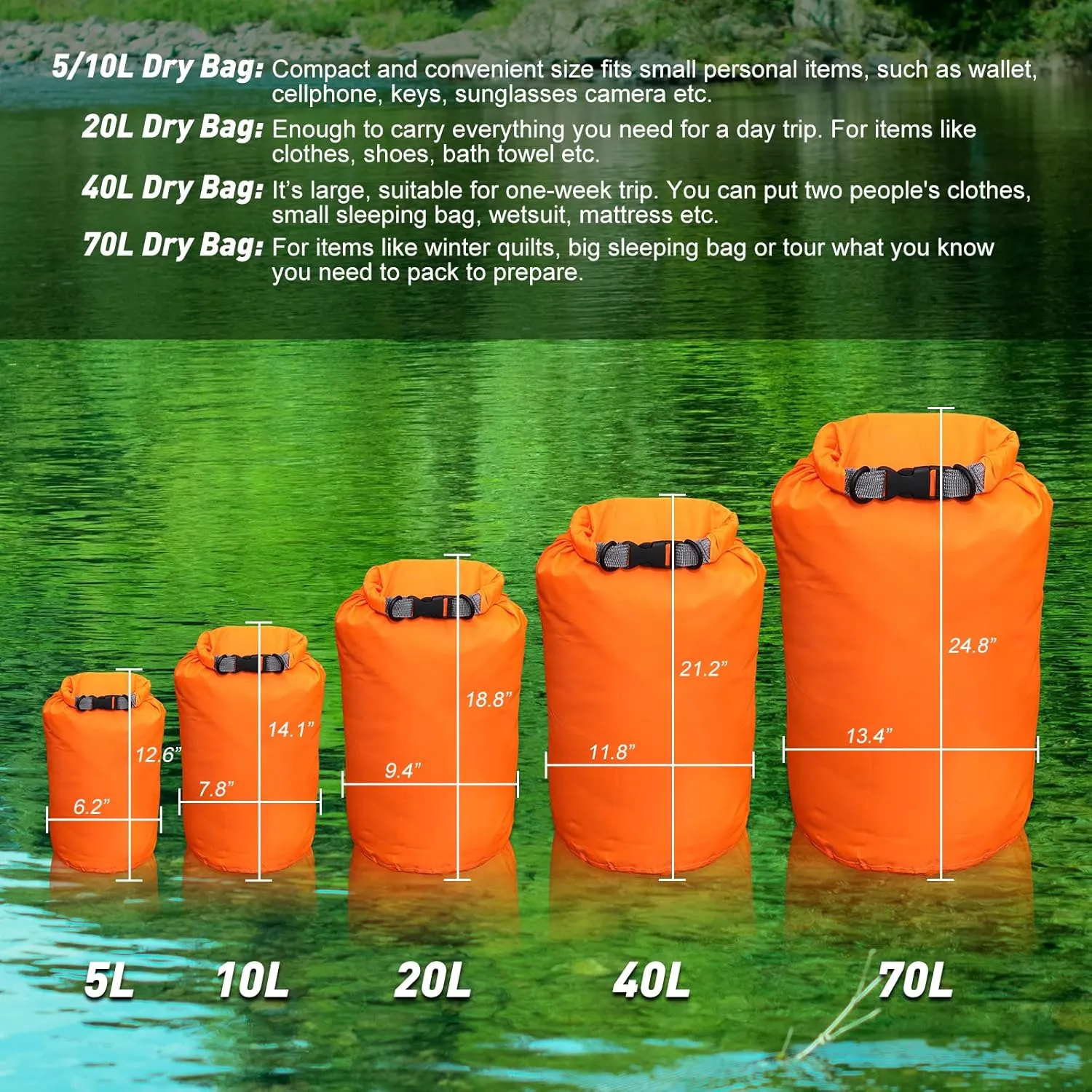 R2Depot Waterproof Dry Bag, 5L/10L/20L/40L/70L Dry Storage Bag for Kayaking, Gym, Hiking, Swimming (Blue, 5L)