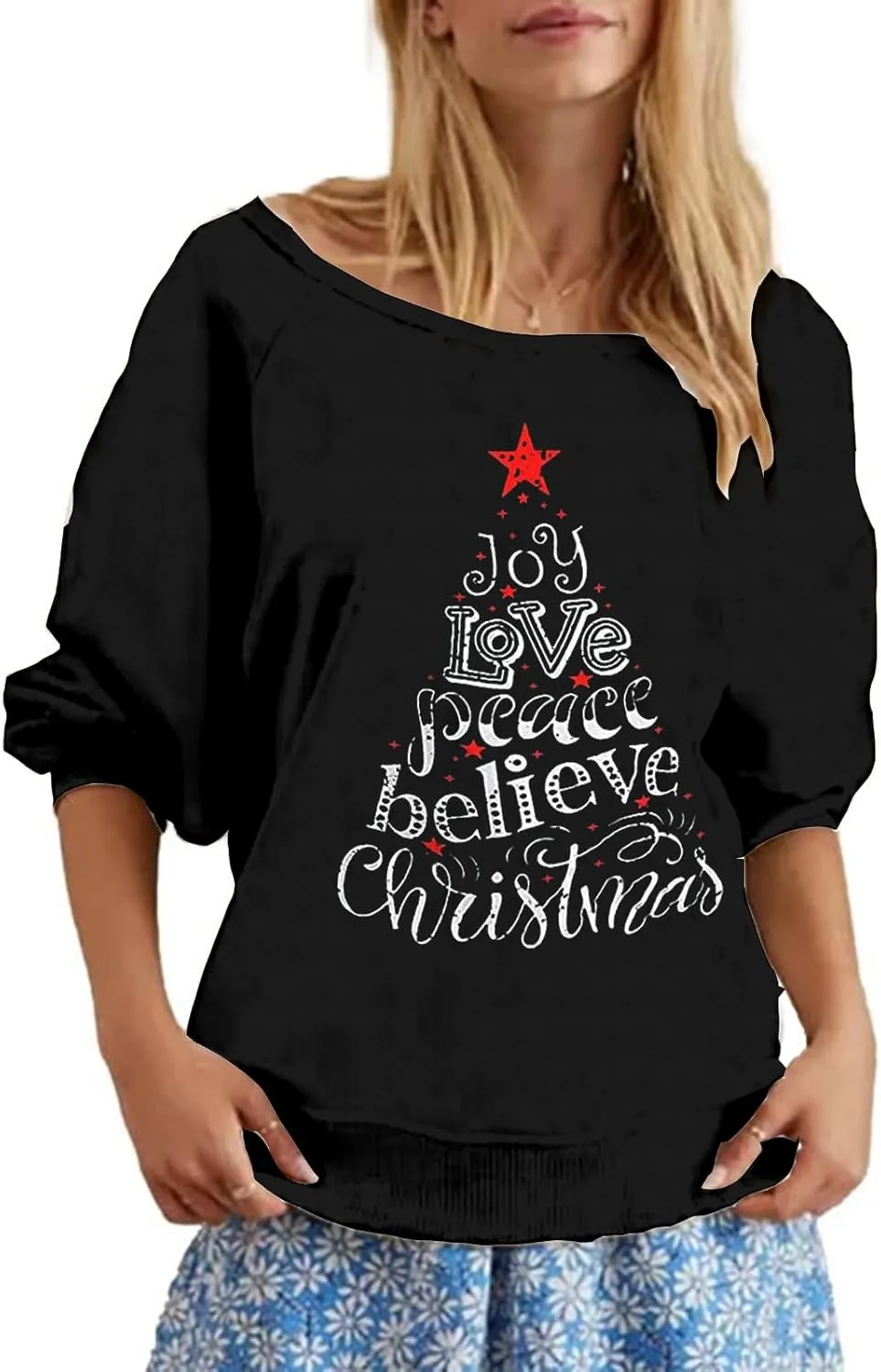 Roshop Womens Off Shoulder Holiday Memorial Patriotic USA Flag Long Sleeve Sweatshirts
