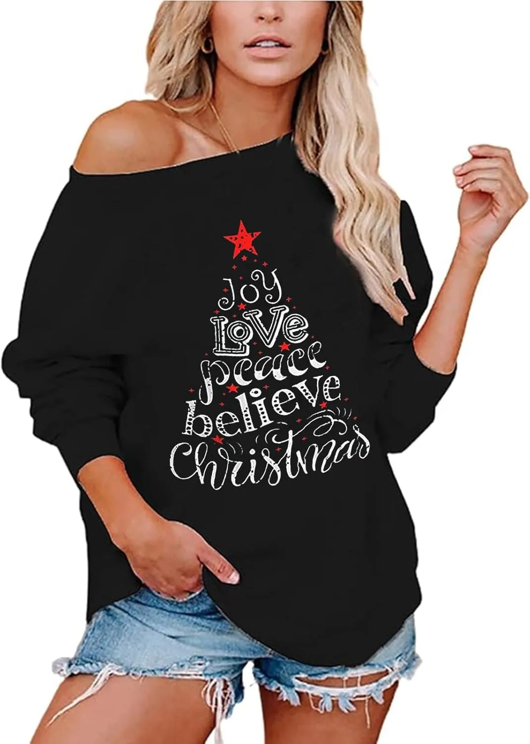 Roshop Womens Off Shoulder Holiday Memorial Patriotic USA Flag Long Sleeve Sweatshirts