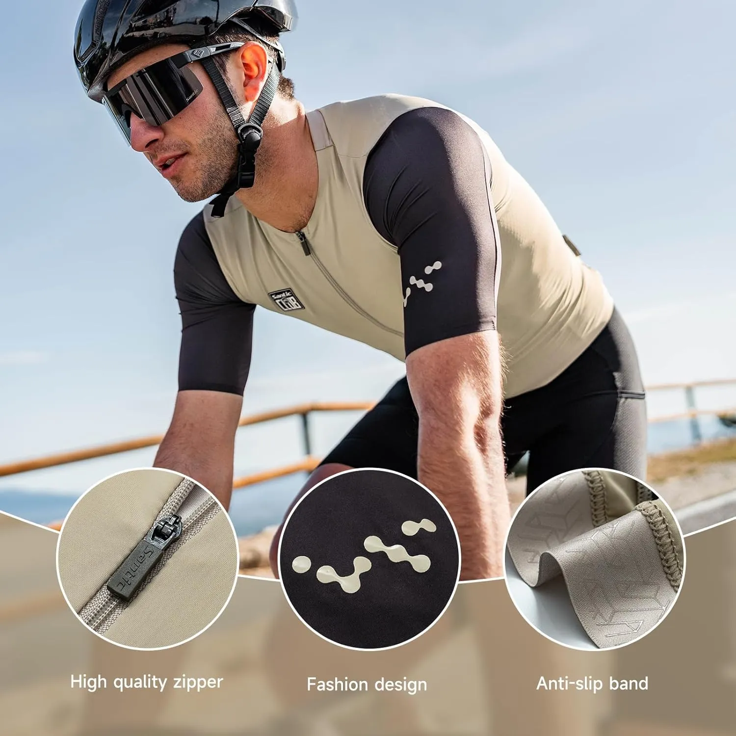 Santic Men's Cycling Jersey Short Sleeve Tops Pro Road Bike Shirt Full Zipper UPF 50  Bicycle Jersey with Pockets