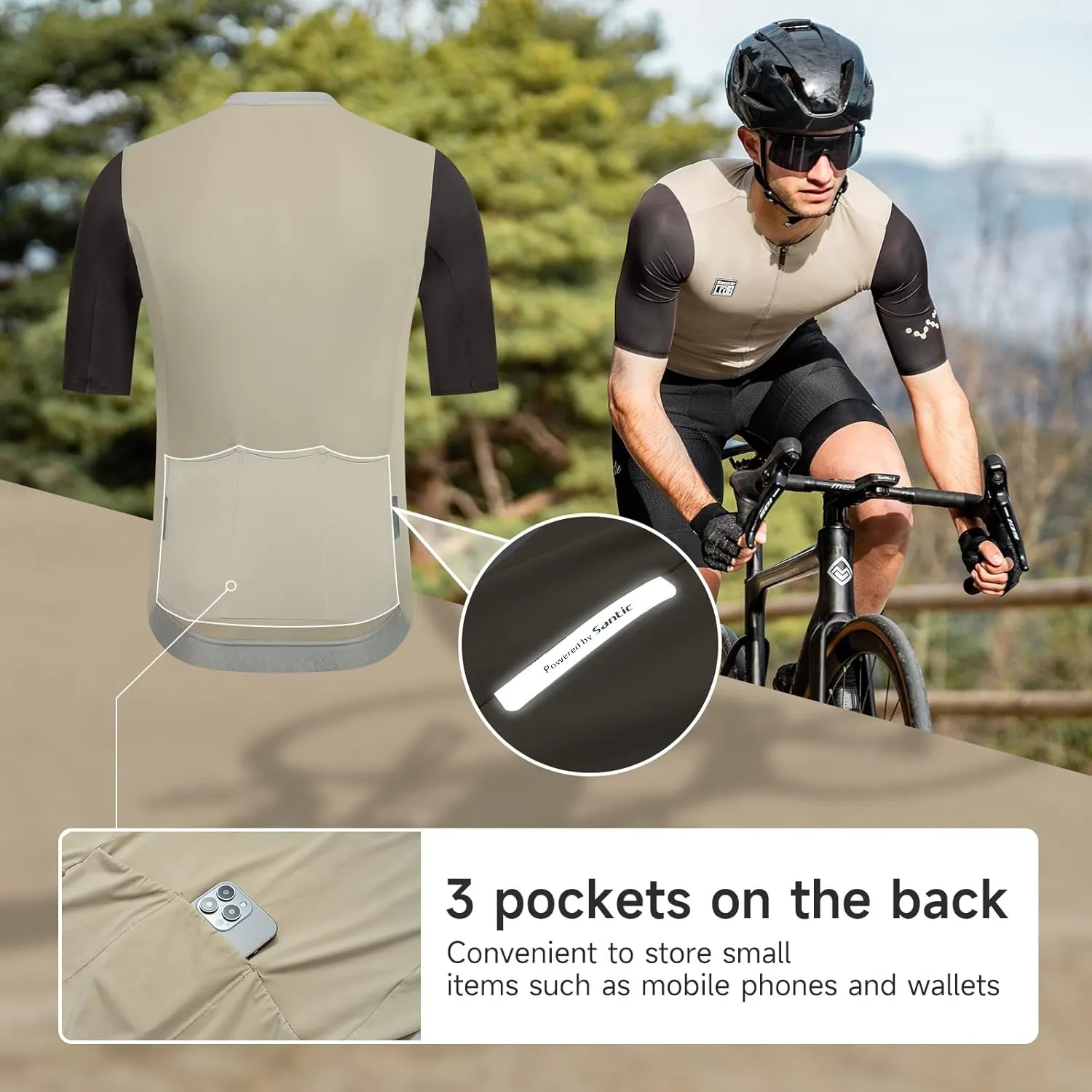 Santic Men's Cycling Jersey Short Sleeve Tops Pro Road Bike Shirt Full Zipper UPF 50  Bicycle Jersey with Pockets