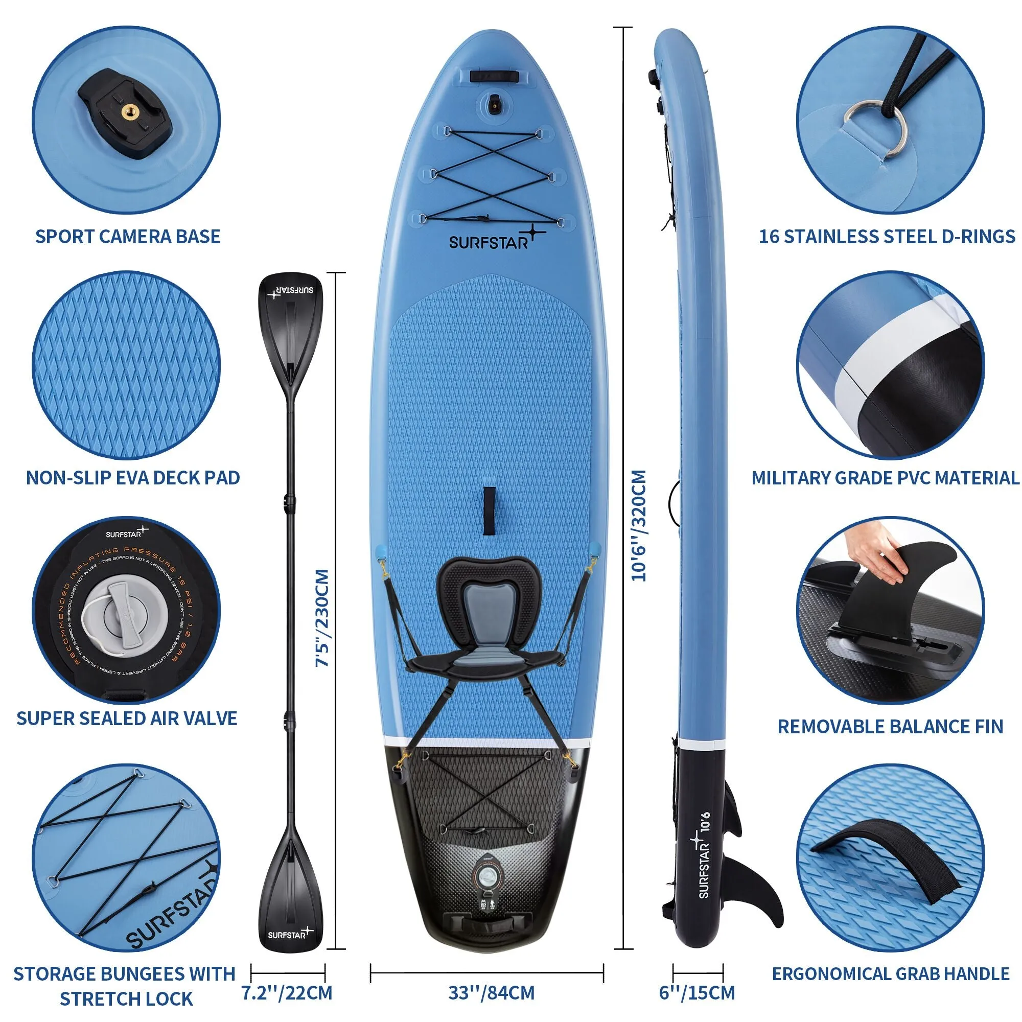 SurfStar 10'6" Inflatable Paddle Board (Blue) With Detachable Kayak Seat Lightweight & Durable