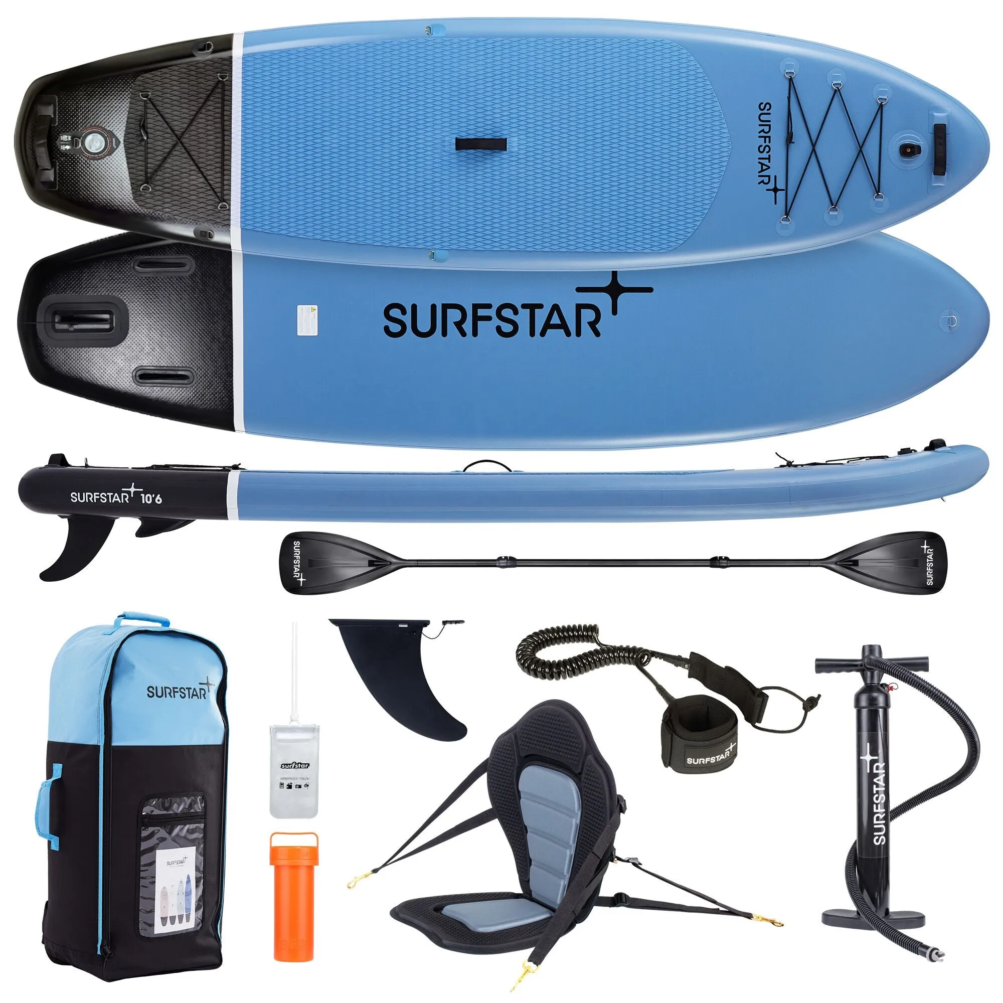 SurfStar 10'6" Inflatable Paddle Board (Blue) With Detachable Kayak Seat Lightweight & Durable