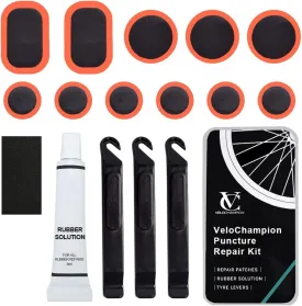 VeloChampion Bike Inner Tube Patch Kit - 11 PCS Vulcanizing Patches with 3 Tire Levers, Portable Storage Box and Sandpaper. Flat Tire Repair Kit for Road Cycling Mountain MTB BMX