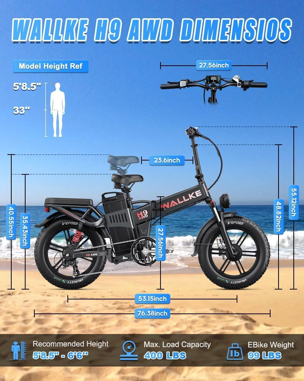 W Wallke H9 AWD 3200W Dual Motor Electric Bike for Adult, 48V 82Ah/60Ah/40Ah Sam-Sung Cell Battery, 240-130 Mile, 34MPH Fast Ebike, App Control, 20" Fat Tire Hydraulic Brake Folding Ebike, UL2849