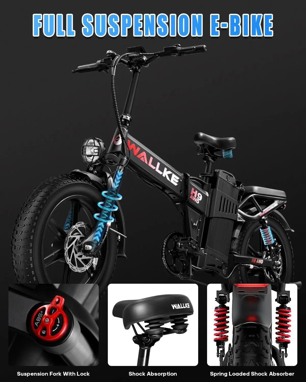 W Wallke H9 AWD 3200W Dual Motor Electric Bike for Adult, 48V 82Ah/60Ah/40Ah Sam-Sung Cell Battery, 240-130 Mile, 34MPH Fast Ebike, App Control, 20" Fat Tire Hydraulic Brake Folding Ebike, UL2849