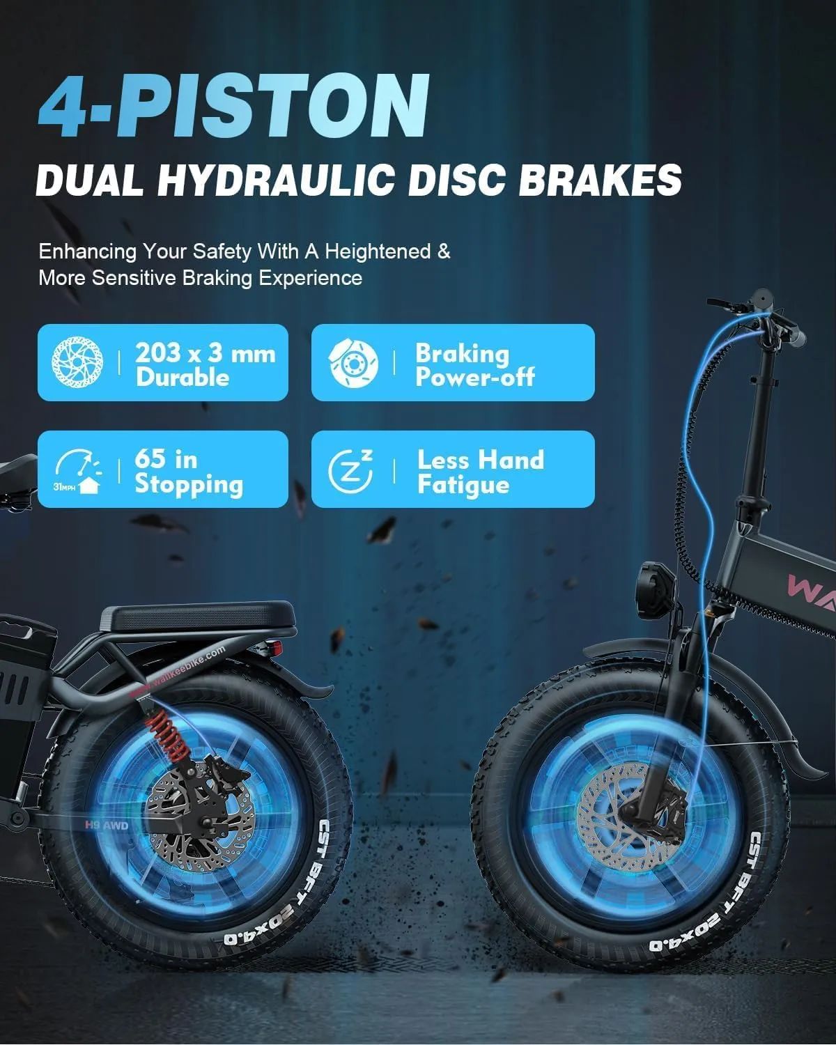 W Wallke H9 AWD 3200W Dual Motor Electric Bike for Adult, 48V 82Ah/60Ah/40Ah Sam-Sung Cell Battery, 240-130 Mile, 34MPH Fast Ebike, App Control, 20" Fat Tire Hydraulic Brake Folding Ebike, UL2849