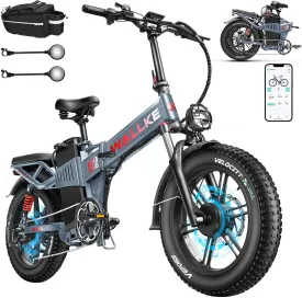 W Wallke H9 AWD 3200W Dual Motor Electric Bike for Adult, 48V 82Ah/60Ah/40Ah Sam-Sung Cell Battery, 240-130 Mile, 34MPH Fast Ebike, App Control, 20" Fat Tire Hydraulic Brake Folding Ebike, UL2849