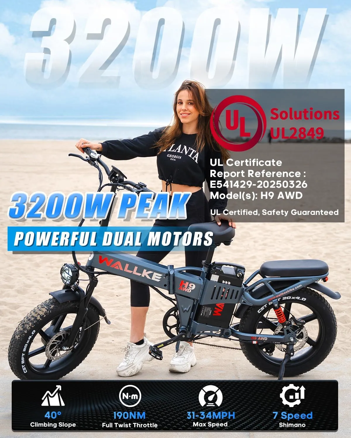 W Wallke H9 AWD 3200W Dual Motor Electric Bike for Adult, 48V 82Ah/60Ah/40Ah Sam-Sung Cell Battery, 240-130 Mile, 34MPH Fast Ebike, App Control, 20" Fat Tire Hydraulic Brake Folding Ebike, UL2849