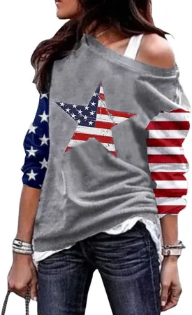 Womens Off Shoulder Long Sleeve Patriotic American Flag Star Stripes Slouchy Holiday Sweatshirt